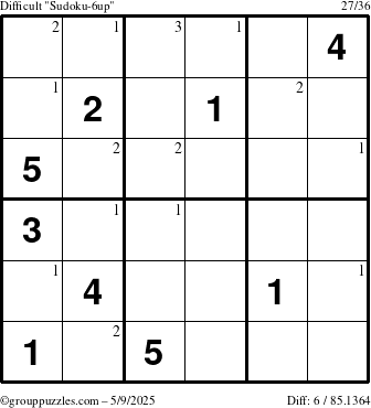 The grouppuzzles.com Difficult Sudoku-6up puzzle for Friday May 9, 2025 with the first 3 steps marked