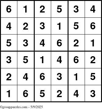 The grouppuzzles.com Answer grid for the Sudoku-6up puzzle for Friday May 9, 2025