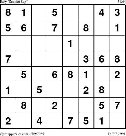 The grouppuzzles.com Easy Sudoku-8up puzzle for Friday May 9, 2025