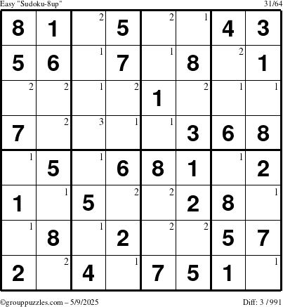 The grouppuzzles.com Easy Sudoku-8up puzzle for Friday May 9, 2025 with the first 3 steps marked
