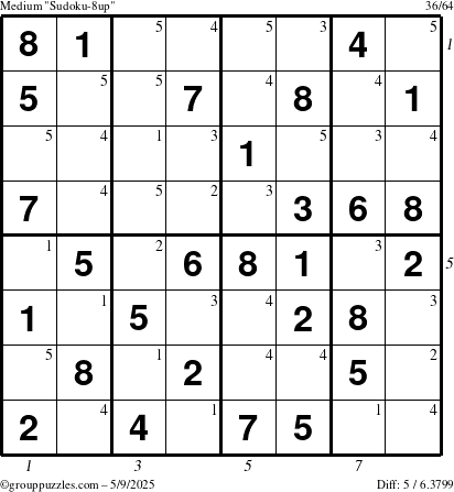 The grouppuzzles.com Medium Sudoku-8up puzzle for Friday May 9, 2025 with all 5 steps marked