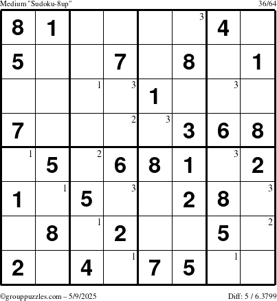 The grouppuzzles.com Medium Sudoku-8up puzzle for Friday May 9, 2025 with the first 3 steps marked