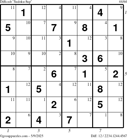 The grouppuzzles.com Difficult Sudoku-8up puzzle for Friday May 9, 2025 with all 12 steps marked
