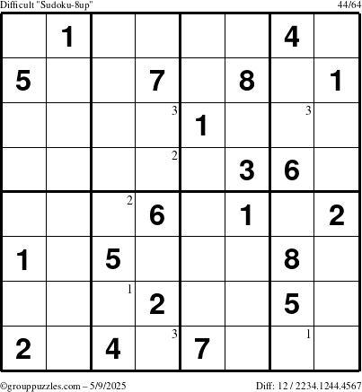 The grouppuzzles.com Difficult Sudoku-8up puzzle for Friday May 9, 2025 with the first 3 steps marked