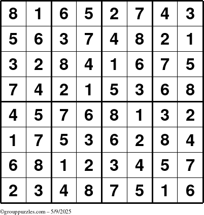 The grouppuzzles.com Answer grid for the Sudoku-8up puzzle for Friday May 9, 2025