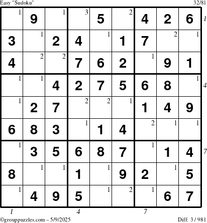 The grouppuzzles.com Easy Sudoku puzzle for Friday May 9, 2025 with all 3 steps marked