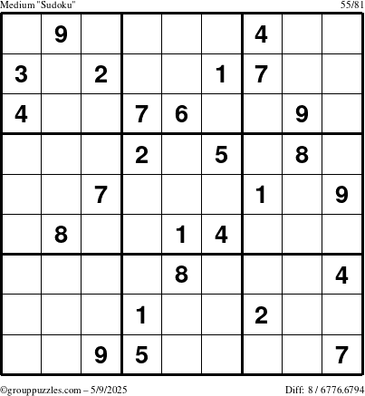 The grouppuzzles.com Medium Sudoku puzzle for Friday May 9, 2025