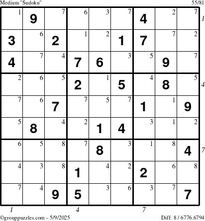 The grouppuzzles.com Medium Sudoku puzzle for Friday May 9, 2025 with all 8 steps marked
