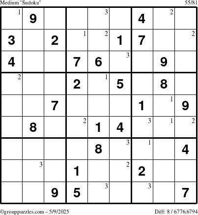 The grouppuzzles.com Medium Sudoku puzzle for Friday May 9, 2025 with the first 3 steps marked
