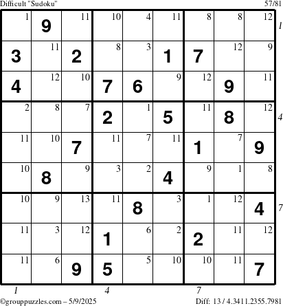 The grouppuzzles.com Difficult Sudoku puzzle for Friday May 9, 2025 with all 13 steps marked