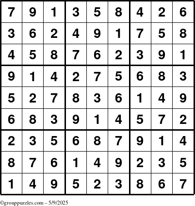 The grouppuzzles.com Answer grid for the Sudoku puzzle for Friday May 9, 2025