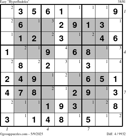The grouppuzzles.com Easy HyperSudoku puzzle for Friday May 9, 2025 with all 4 steps marked