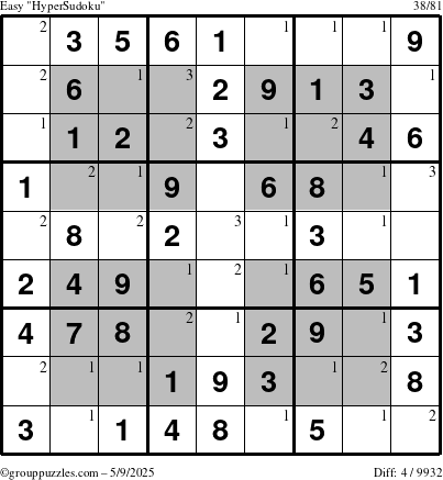 The grouppuzzles.com Easy HyperSudoku puzzle for Friday May 9, 2025 with the first 3 steps marked