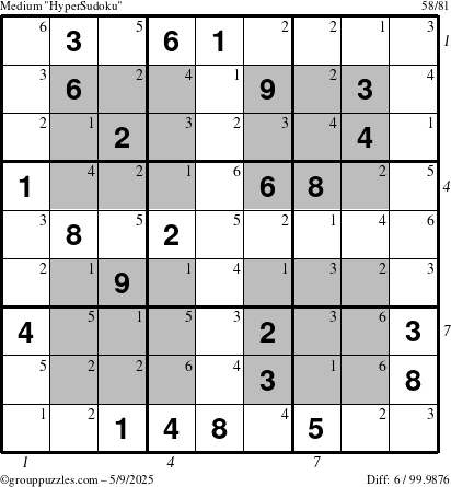 The grouppuzzles.com Medium HyperSudoku puzzle for Friday May 9, 2025 with all 6 steps marked