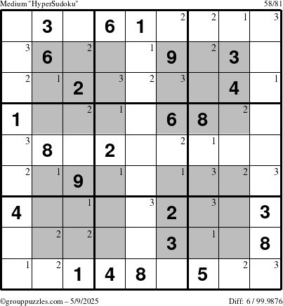 The grouppuzzles.com Medium HyperSudoku puzzle for Friday May 9, 2025 with the first 3 steps marked