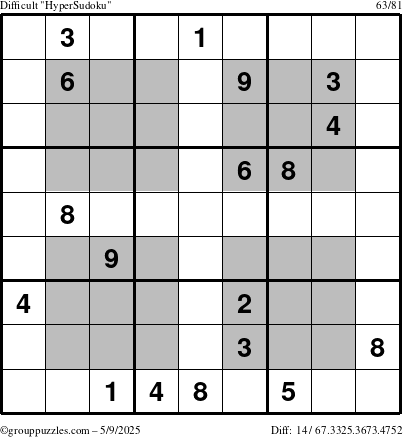 The grouppuzzles.com Difficult HyperSudoku puzzle for Friday May 9, 2025