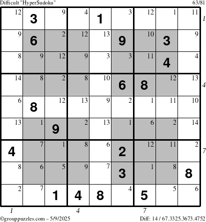 The grouppuzzles.com Difficult HyperSudoku puzzle for Friday May 9, 2025 with all 14 steps marked