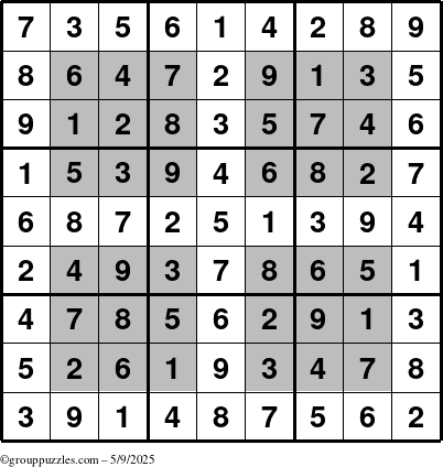 The grouppuzzles.com Answer grid for the HyperSudoku puzzle for Friday May 9, 2025