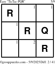 The grouppuzzles.com Easy TicTac-PQR puzzle for Friday May 9, 2025 with the first 2 steps marked
