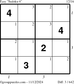 The grouppuzzles.com Easy Sudoku-4 puzzle for Tuesday November 12, 2024, suitable for printing, with all 3 steps marked