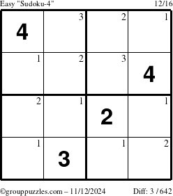 The grouppuzzles.com Easy Sudoku-4 puzzle for Tuesday November 12, 2024 with the first 3 steps marked