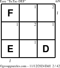 The grouppuzzles.com Easy TicTac-DEF puzzle for Tuesday November 12, 2024 with all 2 steps marked