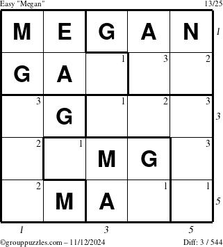 The grouppuzzles.com Easy Megan puzzle for Tuesday November 12, 2024 with all 3 steps marked