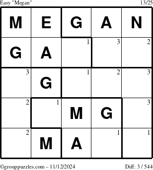 The grouppuzzles.com Easy Megan puzzle for Tuesday November 12, 2024 with the first 3 steps marked