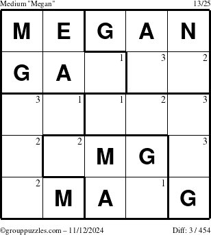 The grouppuzzles.com Medium Megan puzzle for Tuesday November 12, 2024 with the first 3 steps marked