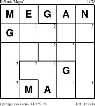 The grouppuzzles.com Difficult Megan puzzle for Tuesday November 12, 2024 with the first 3 steps marked