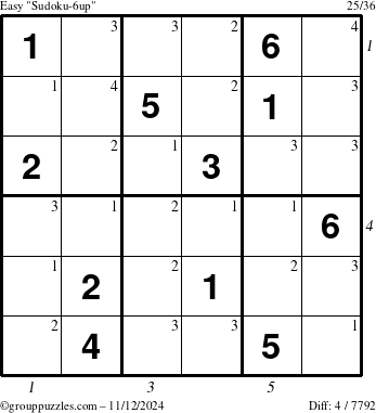 The grouppuzzles.com Easy Sudoku-6up puzzle for Tuesday November 12, 2024 with all 4 steps marked