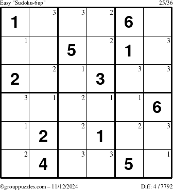 The grouppuzzles.com Easy Sudoku-6up puzzle for Tuesday November 12, 2024 with the first 3 steps marked