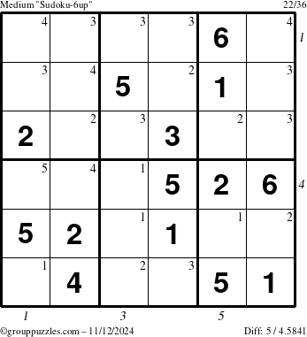 The grouppuzzles.com Medium Sudoku-6up puzzle for Tuesday November 12, 2024 with all 5 steps marked