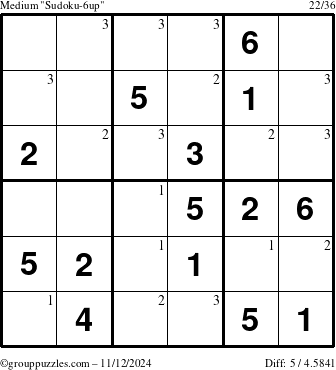 The grouppuzzles.com Medium Sudoku-6up puzzle for Tuesday November 12, 2024 with the first 3 steps marked