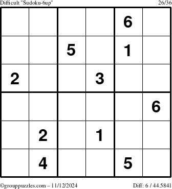 The grouppuzzles.com Difficult Sudoku-6up puzzle for Tuesday November 12, 2024