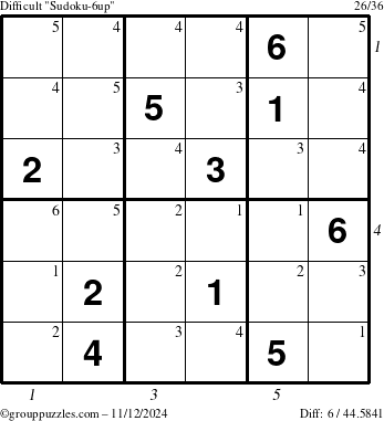 The grouppuzzles.com Difficult Sudoku-6up puzzle for Tuesday November 12, 2024 with all 6 steps marked