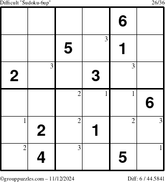 The grouppuzzles.com Difficult Sudoku-6up puzzle for Tuesday November 12, 2024 with the first 3 steps marked