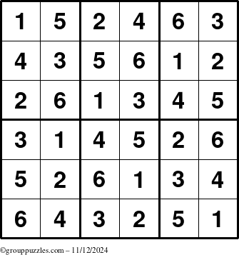 The grouppuzzles.com Answer grid for the Sudoku-6up puzzle for Tuesday November 12, 2024