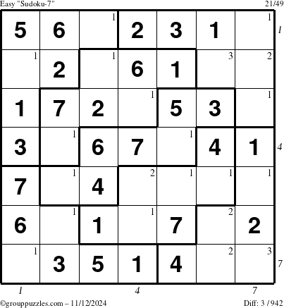 The grouppuzzles.com Easy Sudoku-7 puzzle for Tuesday November 12, 2024 with all 3 steps marked