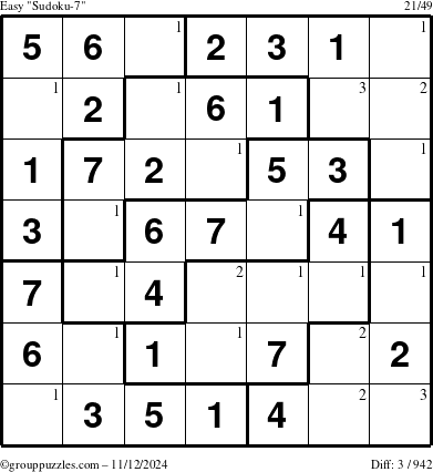 The grouppuzzles.com Easy Sudoku-7 puzzle for Tuesday November 12, 2024 with the first 3 steps marked