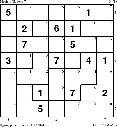 The grouppuzzles.com Medium Sudoku-7 puzzle for Tuesday November 12, 2024 with all 7 steps marked