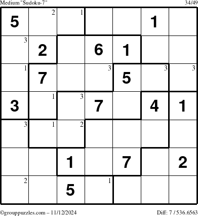 The grouppuzzles.com Medium Sudoku-7 puzzle for Tuesday November 12, 2024 with the first 3 steps marked