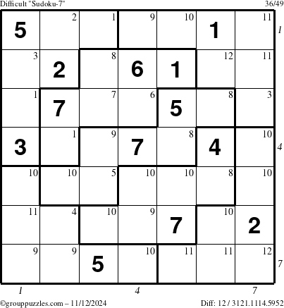 The grouppuzzles.com Difficult Sudoku-7 puzzle for Tuesday November 12, 2024 with all 12 steps marked