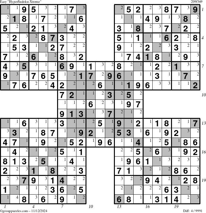 The grouppuzzles.com Easy HyperSudoku-Xtreme puzzle for Tuesday November 12, 2024 with all 4 steps marked