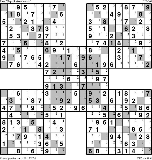 The grouppuzzles.com Easy HyperSudoku-Xtreme puzzle for Tuesday November 12, 2024 with the first 3 steps marked