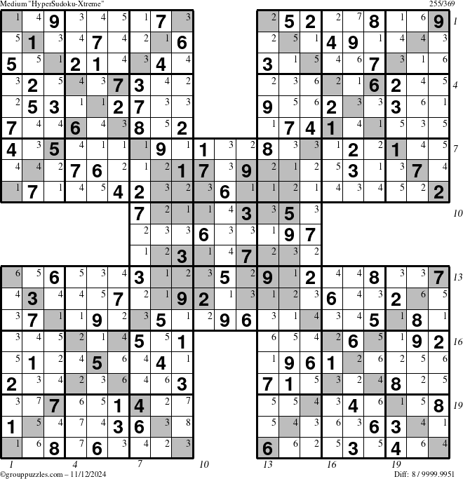 The grouppuzzles.com Medium HyperSudoku-Xtreme puzzle for Tuesday November 12, 2024 with all 8 steps marked