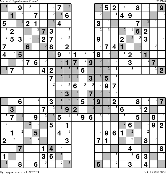 The grouppuzzles.com Medium HyperSudoku-Xtreme puzzle for Tuesday November 12, 2024 with the first 3 steps marked