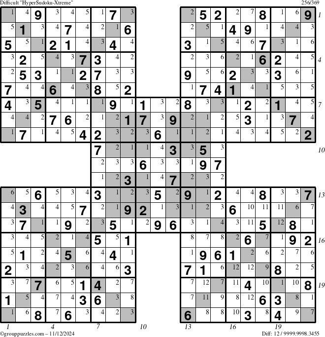 The grouppuzzles.com Difficult HyperSudoku-Xtreme puzzle for Tuesday November 12, 2024 with all 12 steps marked