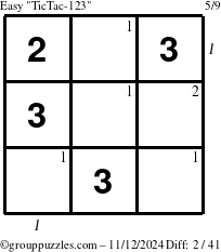 The grouppuzzles.com Easy TicTac-123 puzzle for Tuesday November 12, 2024 with all 2 steps marked