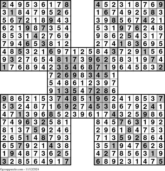 The grouppuzzles.com Answer grid for the HyperSudoku-Xtreme puzzle for Tuesday November 12, 2024